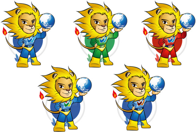 Character with blue design, character with green design, character with red design, character with blue design green logo, character with blue design brown logo