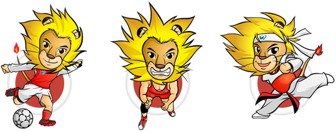 Character with soccer design, character with wrestling design, character with taekwondo design